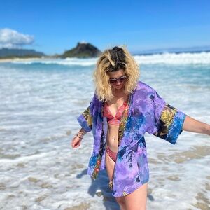 Dark Purple Tie Dye Kimono Style Mochi Beach Coverup Tunic By Whimsberry Beachy